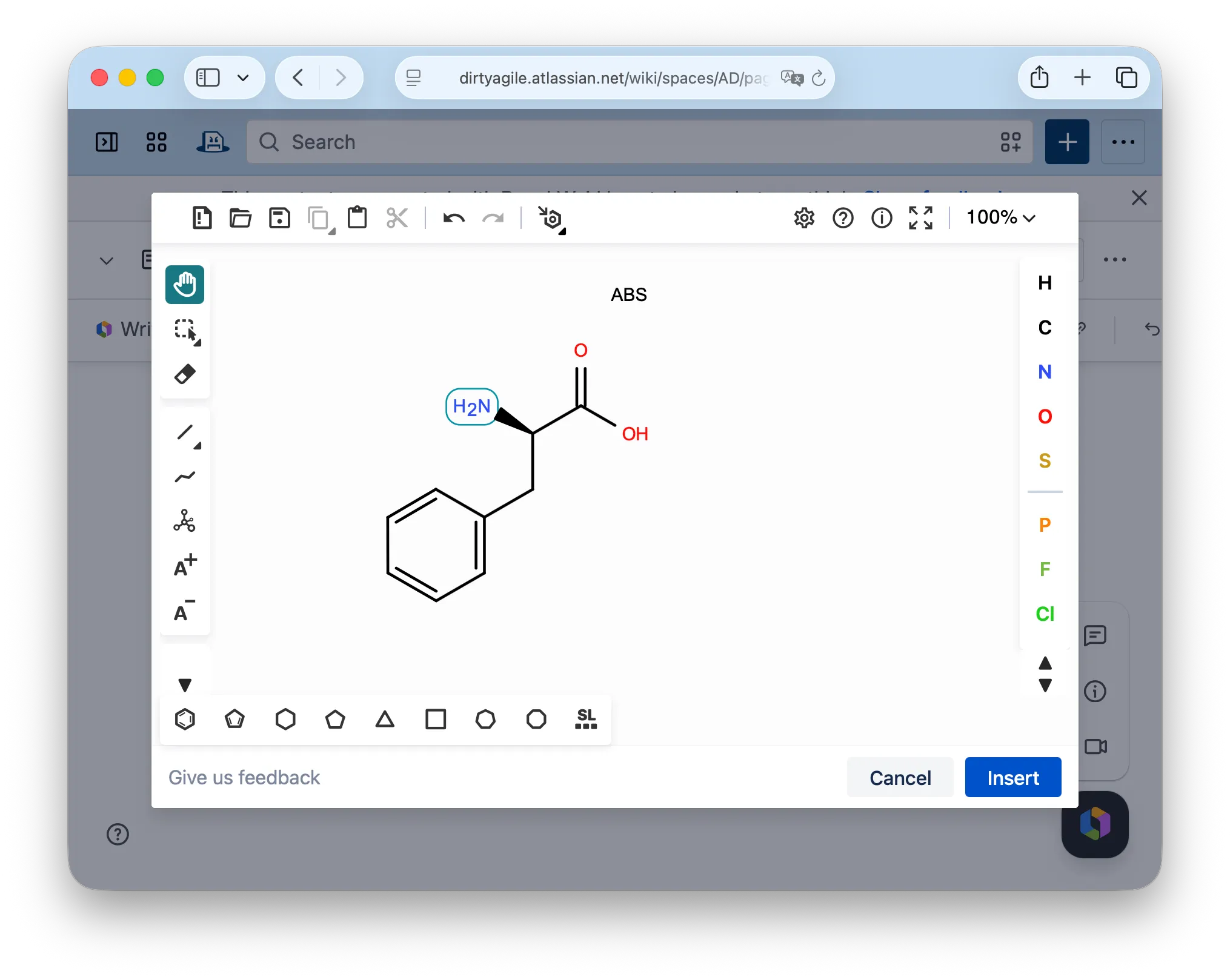 Ketcher editor open inside Confluence with a molecule drawn