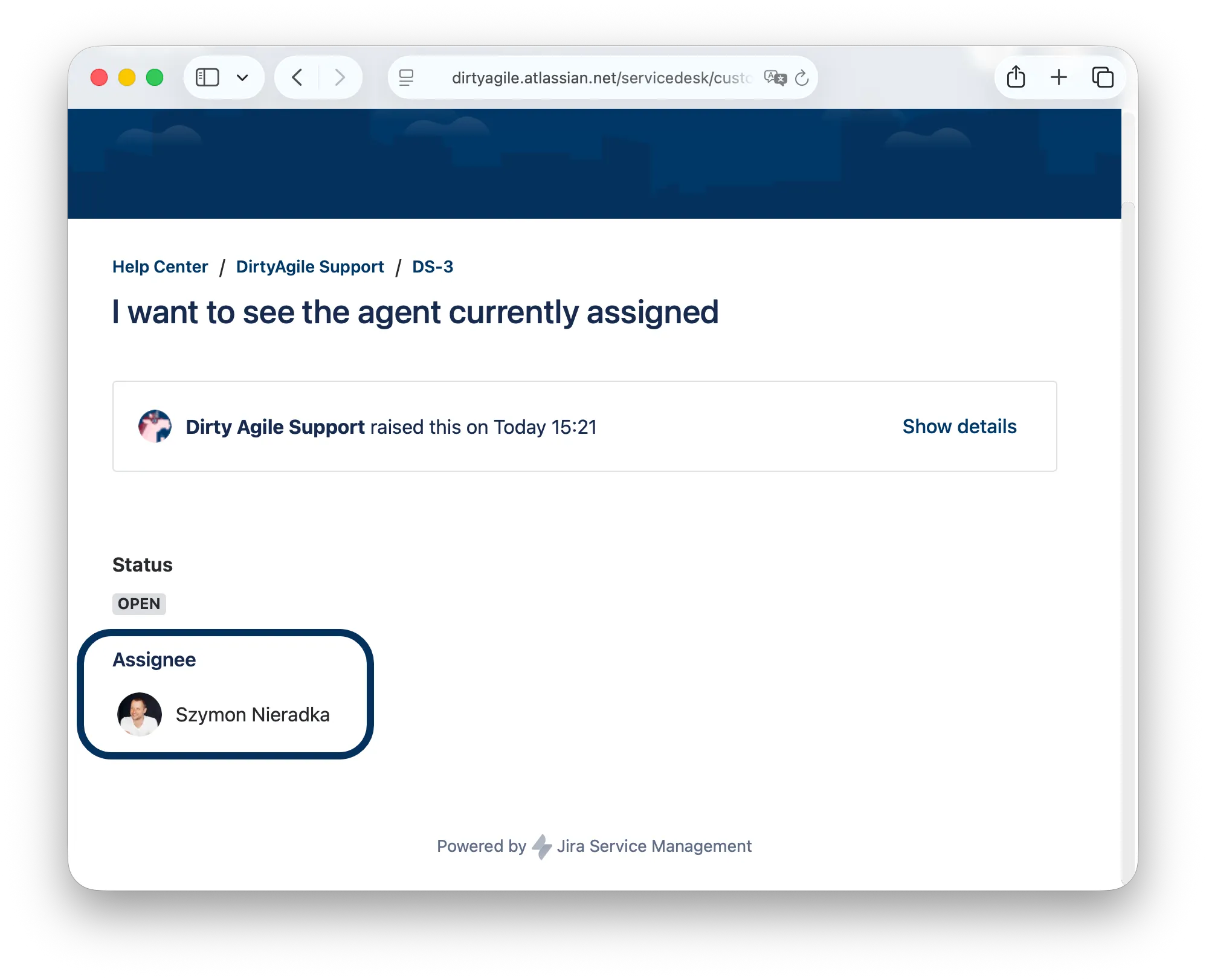 Assigned agent panel showing the agent's name and avatar on a Customer Portal request