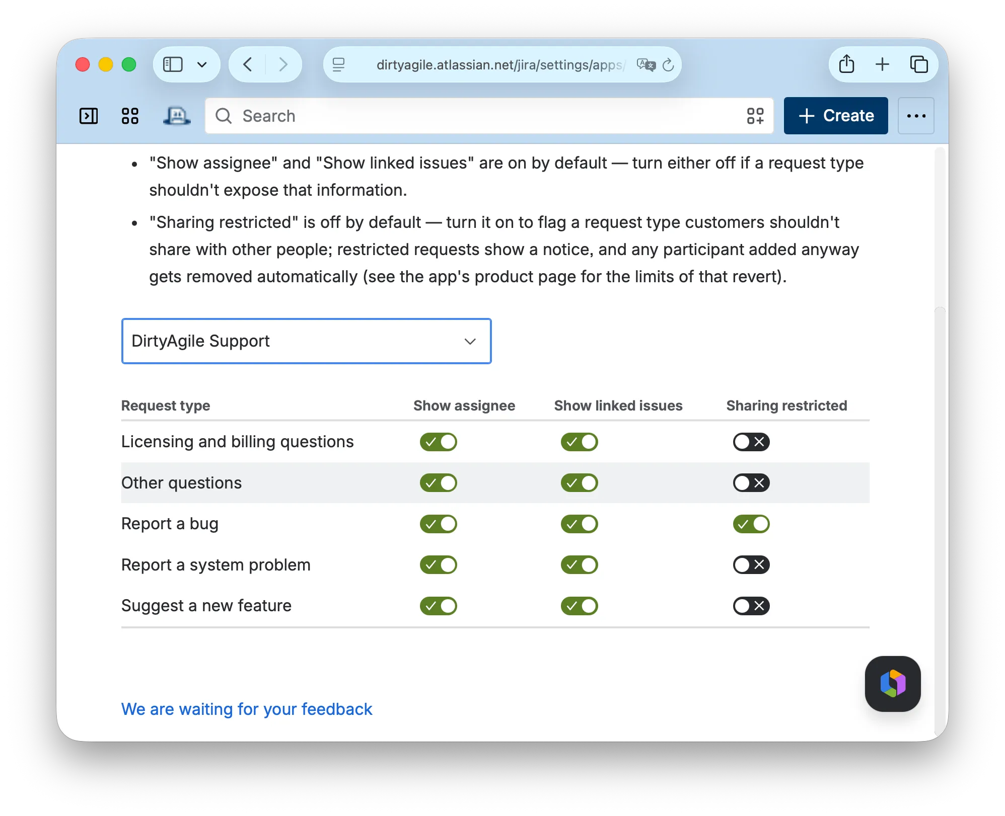 Configure page listing request types with Show assignee, Show linked issues, and Sharing restricted toggles