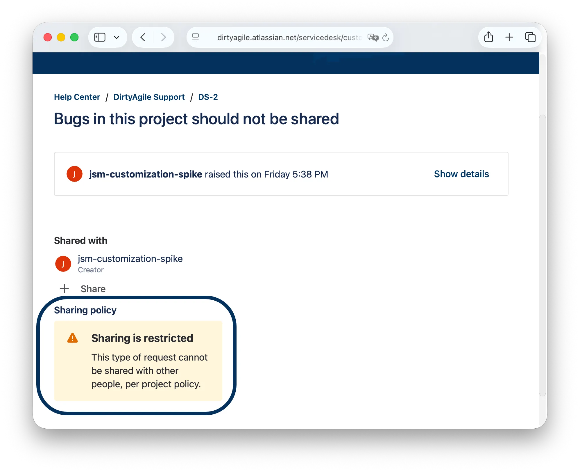 Sharing policy notice warning that a request type is restricted and cannot be shared