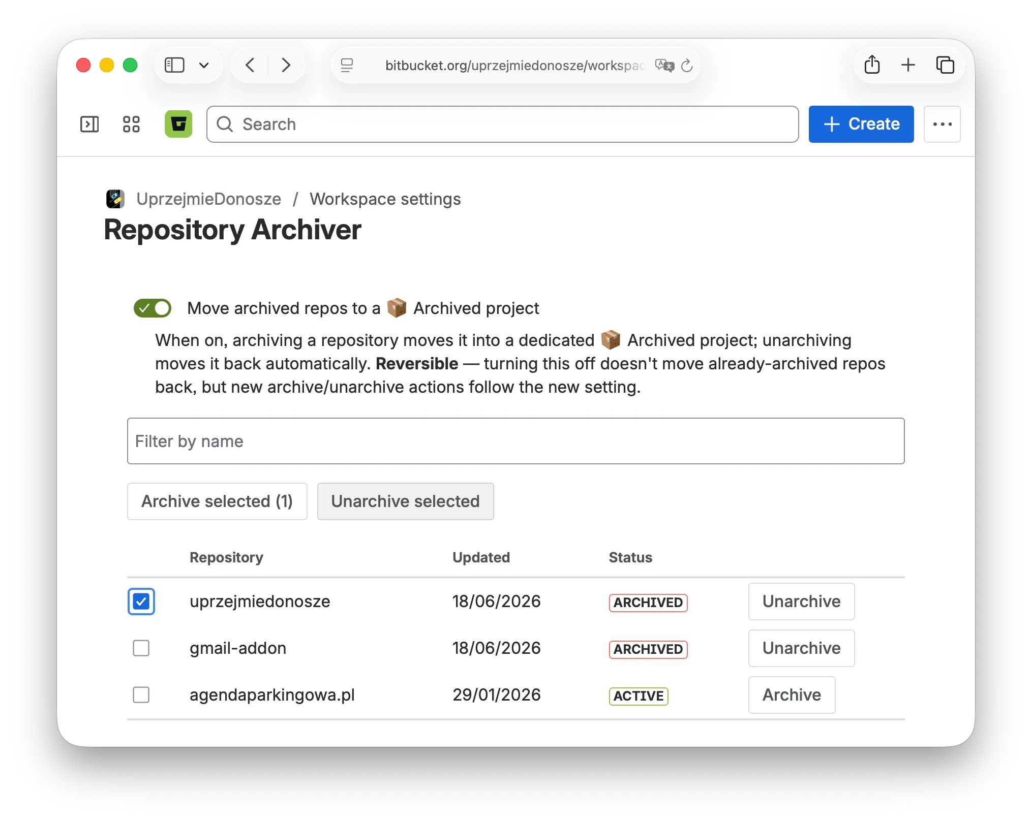 Bitbucket repo Settings — Repo Archiver with the archive toggle switched on