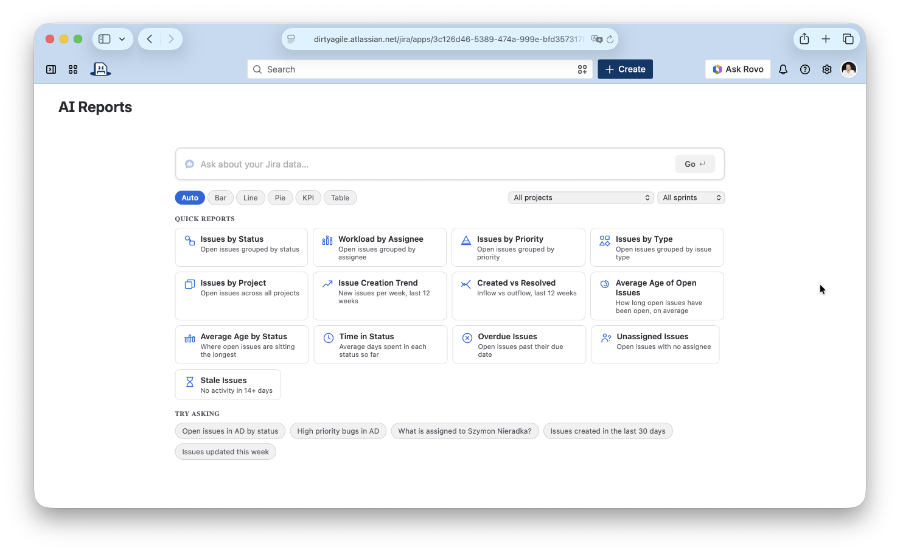 AI Reports global page with a question box, quick reports, and example prompts