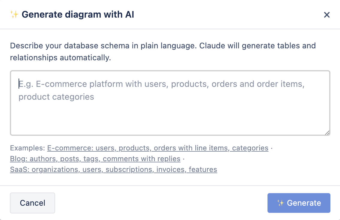 AI prompt modal producing a generated schema diagram