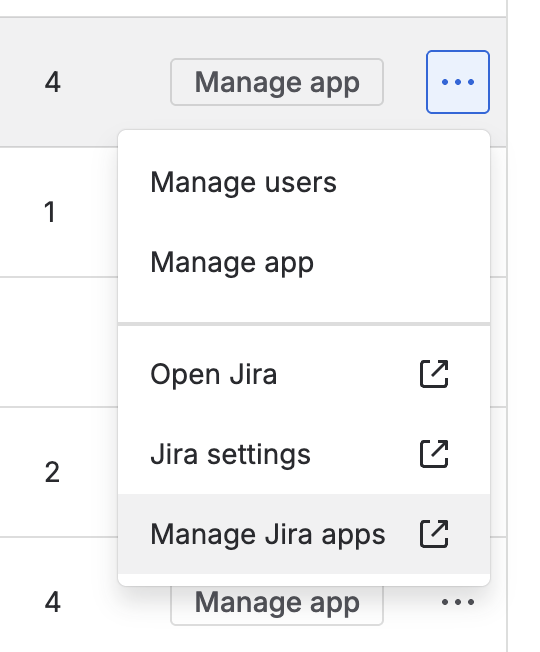 Dropdown menu with Manage Jira apps highlighted