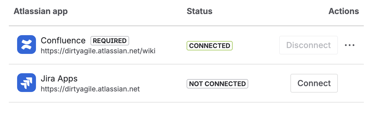 Connections table with Jira Apps row and Connect button